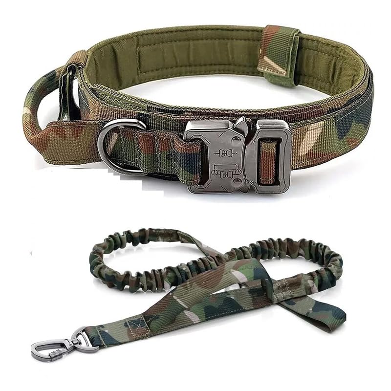 Collier tactique militaire pour chien avec laisse, poignée épaisse, réglable et robuste (collier camouflage + laisse, taille M)