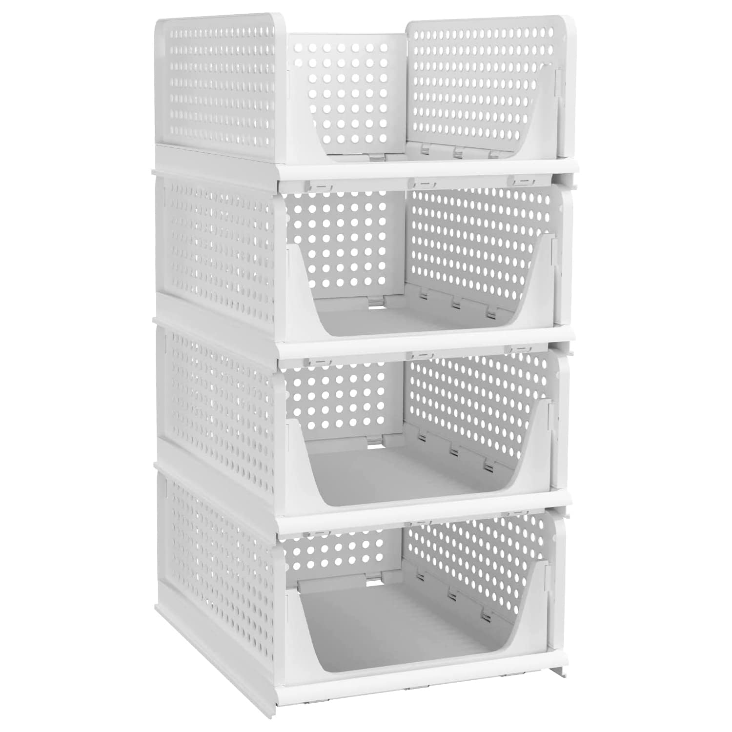 Arabest Stackable Plastic Storage Basket, 4 Pack Large Foldable Closet Organizer, Stackable Drawer, Wardrobe Organizers and Storage for Wardrobe Cabinet Kitchen Bathroom Office (White)