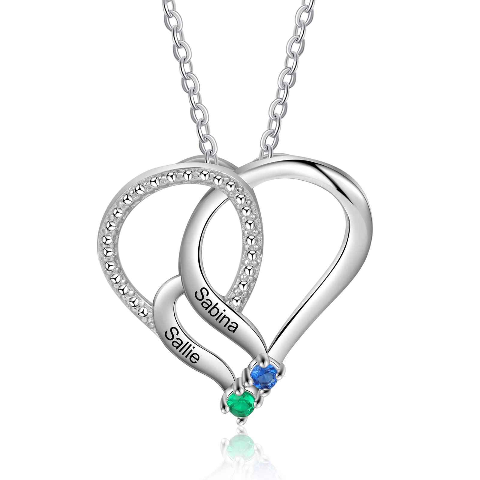 Jeweidea Personalized Heart Necklace with 2-6 Simulated Birthstones Custom Name Mother Daughter Chain Pendant for Women Mom Birthday