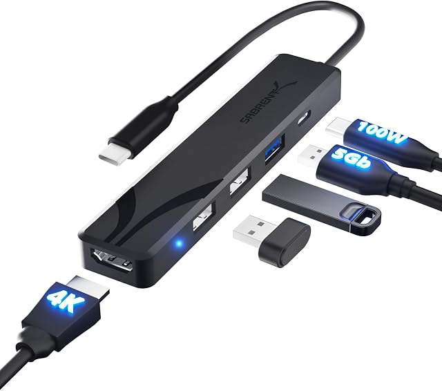 SABRENT USB C Hub Multiport Adapter, 5 in 1 USB-C to HDMI Adapter, 4K HDMI, 100W Power Delivery, USB 3.0 Port, USB-C to USB Adapter, HDMI to USB C Compatible for USB C Laptops and Other Type C Devices