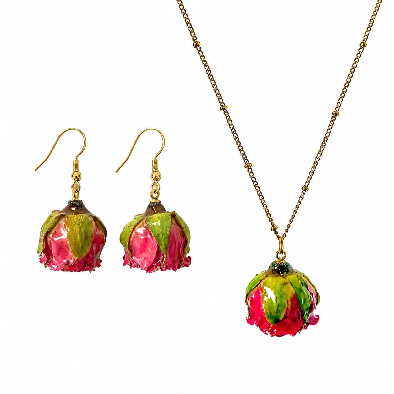 Handgemachte Echte Rose Ohrringe und Halskette Set Edelstahl