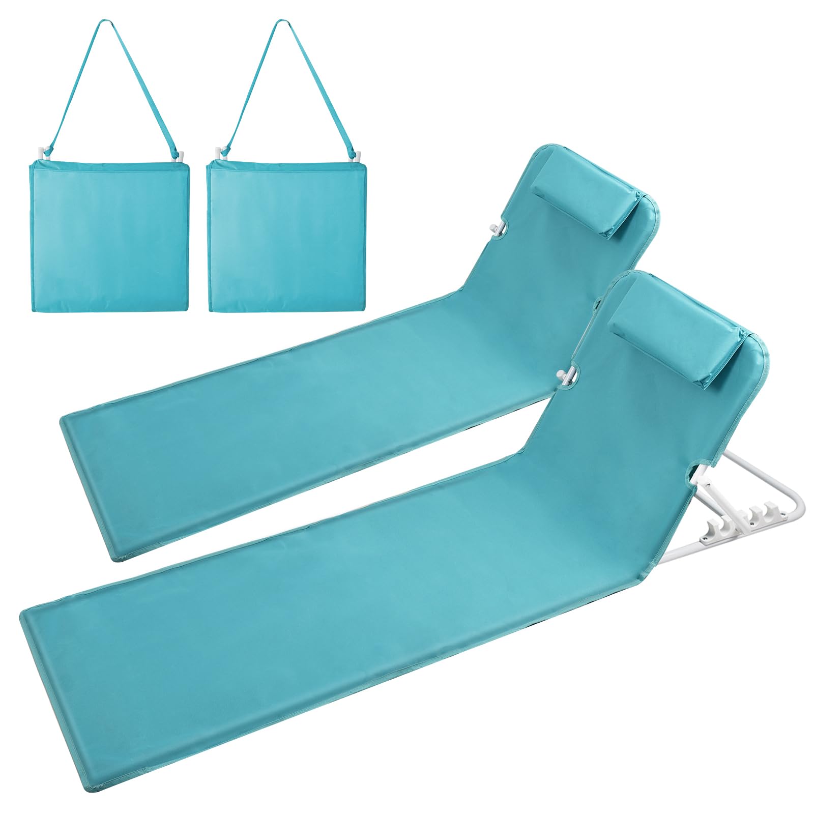 Lot de 2 Tapis de Plage, Bain de Soleil, Chaise Longue, Transat de Plage, avec Appui-tête - Bandoulières - Dossier Réglable 5 Positions, pour Camping, Jardin, Piscine, 160 x 52 cm, Bleu Lac