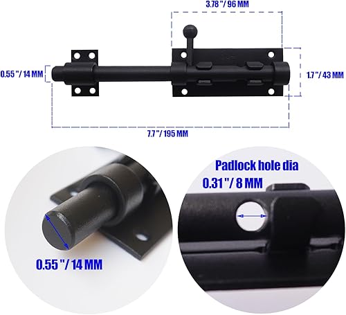 Miniatura 3 de Pestillo de cerrojo de barril de 8 pulgadas con orificio para candado, pestillo de puerta deslizante negro, acero inoxidable 304 para cerca,