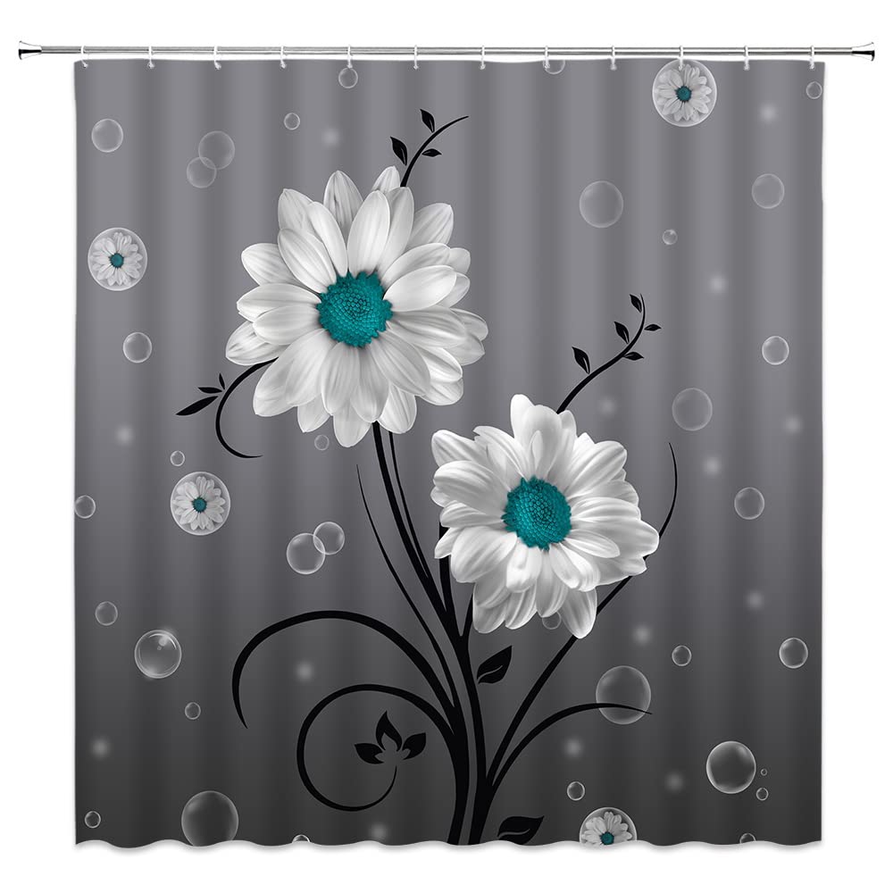 DePhoto Daisy Plant Shower Curtain Floral Rustic Gray White Floral Turquoise Teal and Grey Bathroom Decor Farmhouse Fabric Bathroom Curtain with 12 Hooks 72x72 Inch