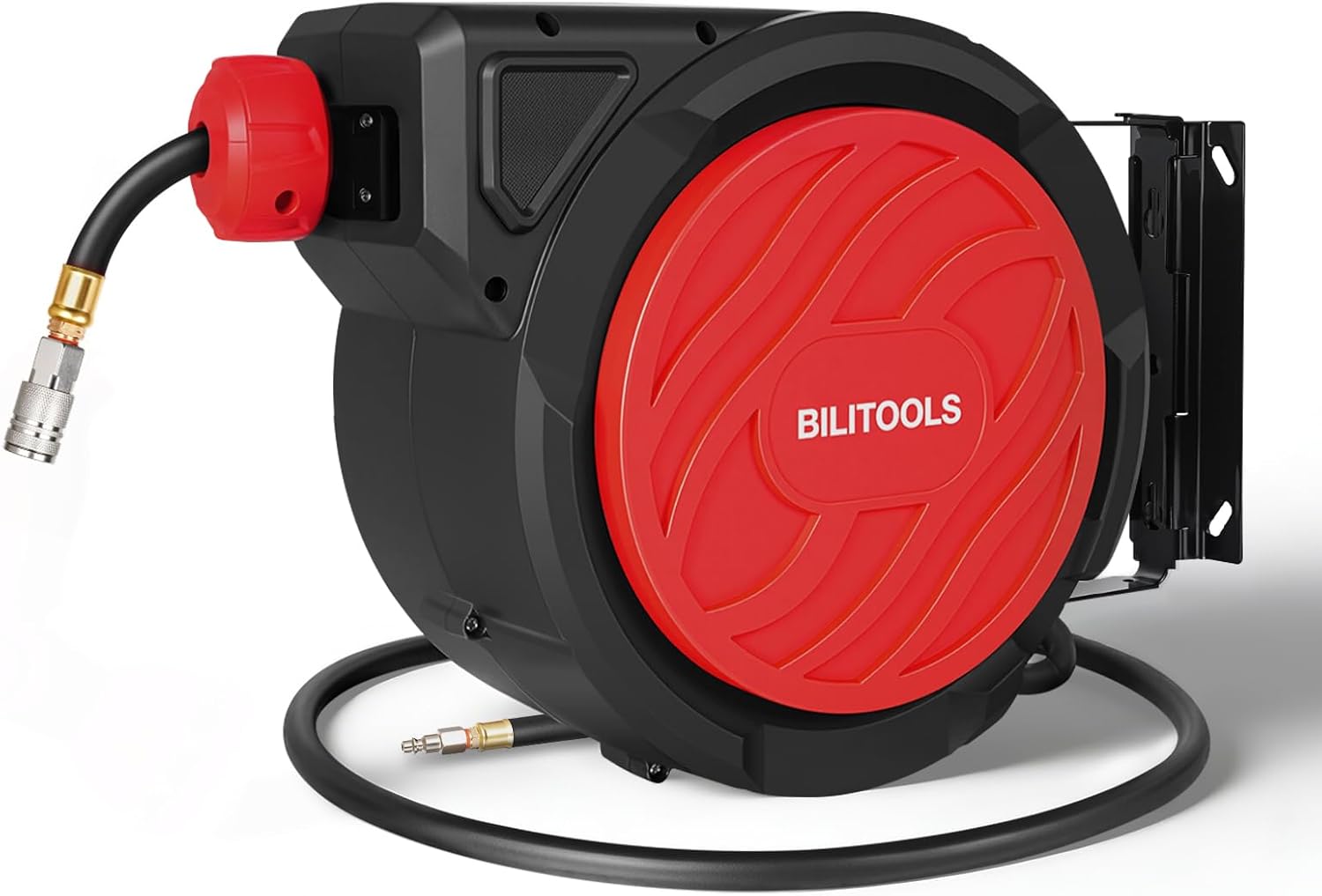 BILITOOLS Retractable Air Hose Reel, 3/8" x 50 ft Hybrid Air Hose Max 300PSI, Enclosed Air Compressor Hose Reel with Smooth Auto Rewind & 5 ft Lead-In Hose, 180° Swivel Wall/Ceiling Mount