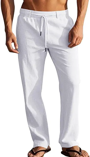Men's Summer Linen Trousers - Lightweight Cotton Casual Pants with Drawstring & Pockets, Sizes M-2XL
