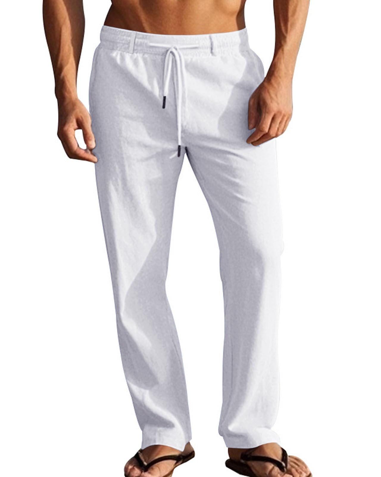 Pantalon Homme Ete Coton Lin Pantalon Leger Yoga Été Grande Taille Elastique Pantalons de Sport M-2XL