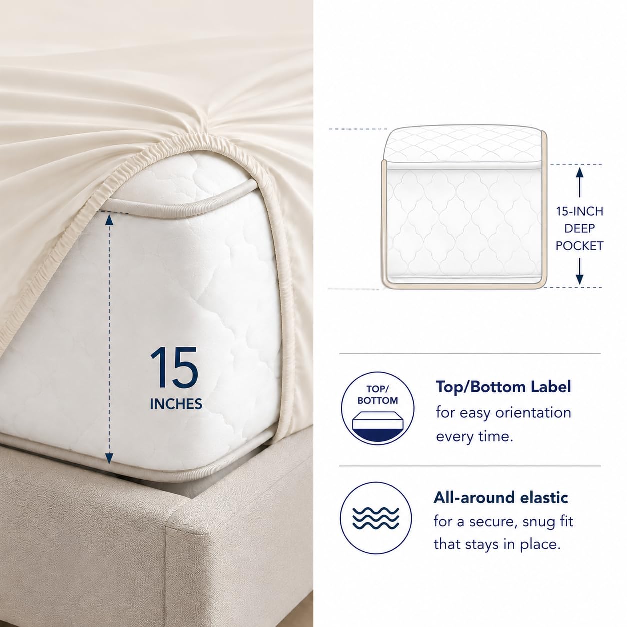 Chateau Home Collection - Parure de lit en Coton égyptien 800 Fils avec Poche Profonde en Satin, Coton, Ivoire, King