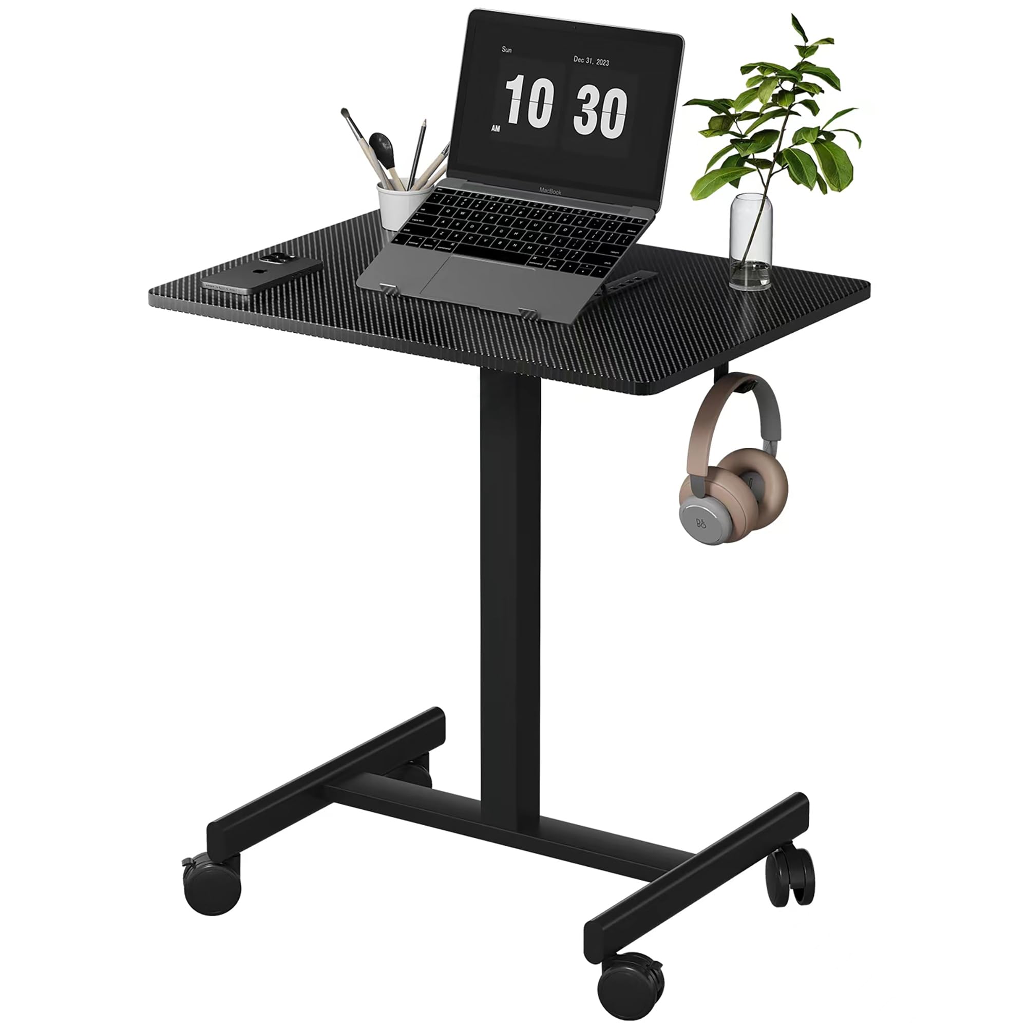 similar to…mobile small standing desk, gas spring adjustable height rolling portable laptop desk with lockable wheels/laptop stand/hook rolling podium (carbon fiber top + black frame, 18''×26'')