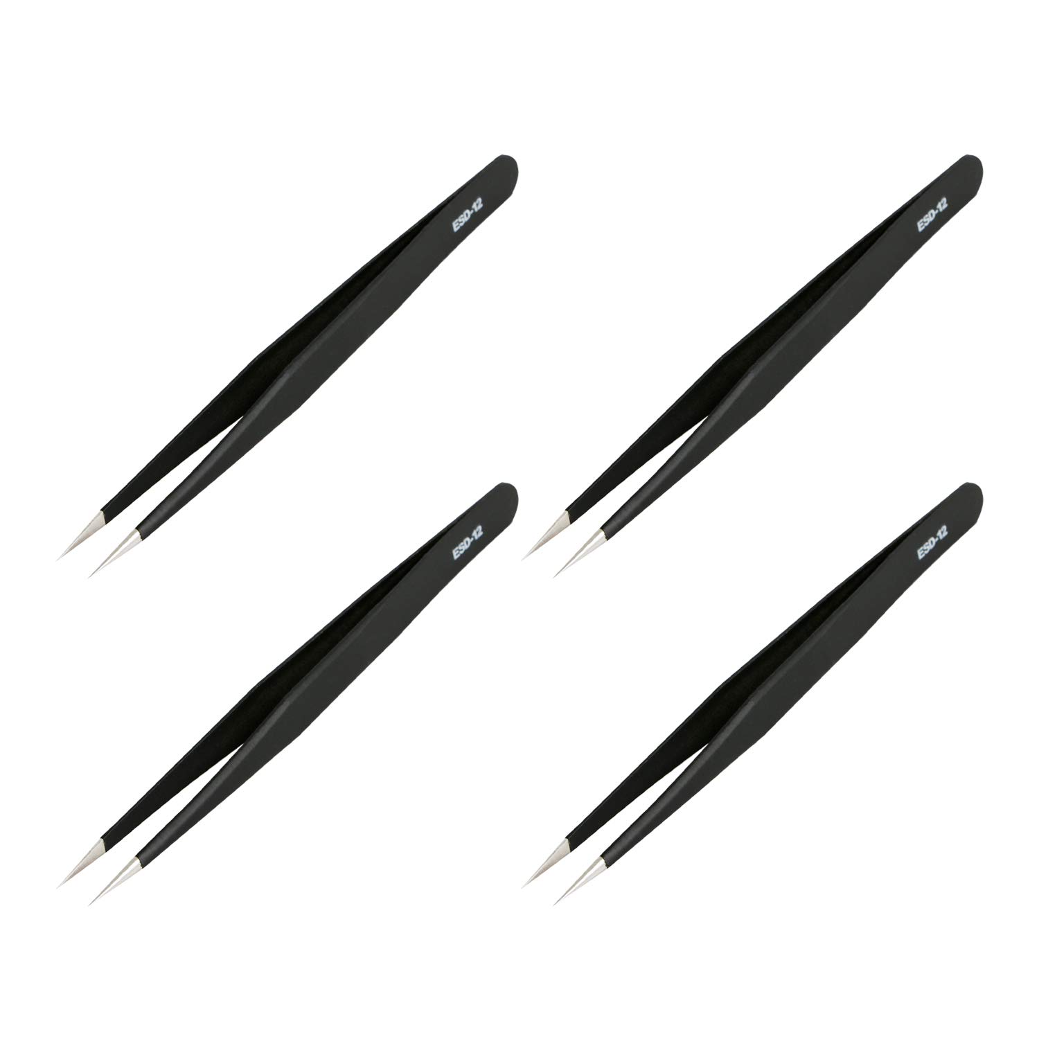 Aoje-Link ESD-17 Professionelle antistatische Präzisionstechnologie Pinzette, nicht magnetisch, feine Spitze, gebogen, Edelstahl kunststoffbeschichtet, volle Länge 125 mm, Schwarz, 5 Stück