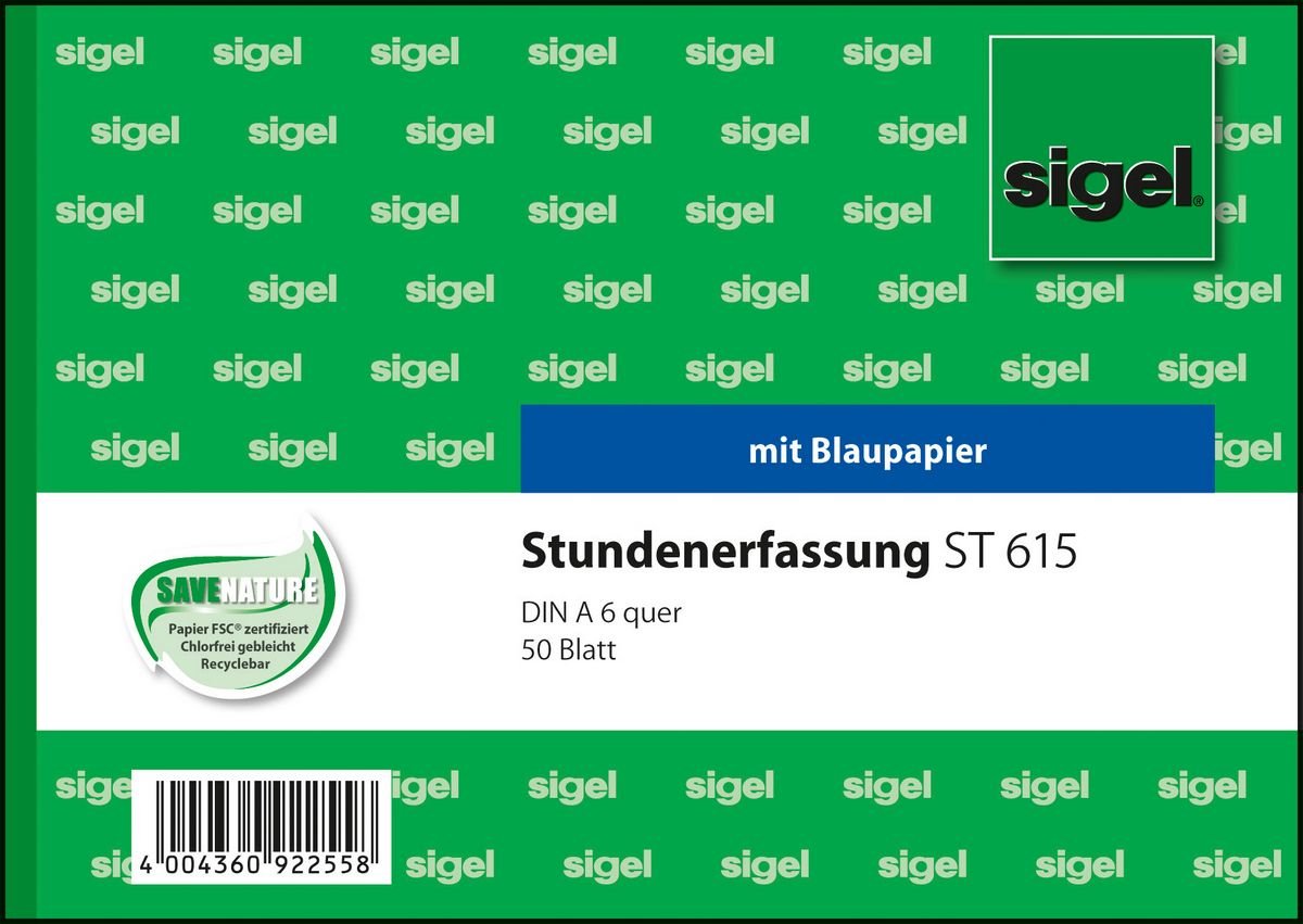Sigel ST615 Stundenerfassung, A6 quer, 50 Blatt, mit Blaupapier (10 Stück)