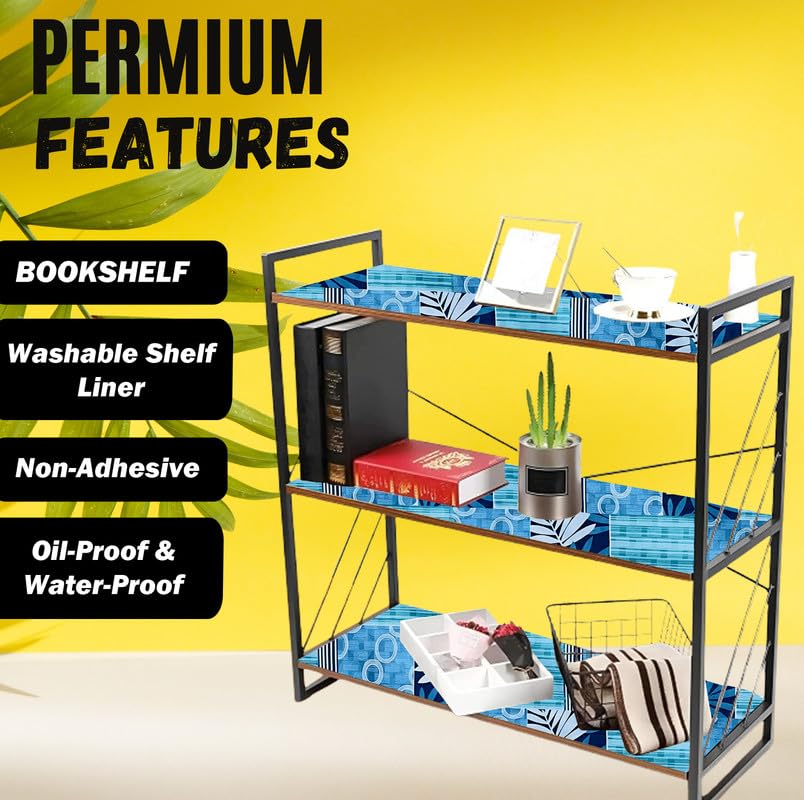 Image of Anti-Slip Kitchen Shelf Liner - Meter Roll, Waterproof Multipurpose Mat for Fridge, Cabinet, Drawer, Trolley & Bathroom - Easy to Cut Floral Blue Print (Blue, 20 Meter)
