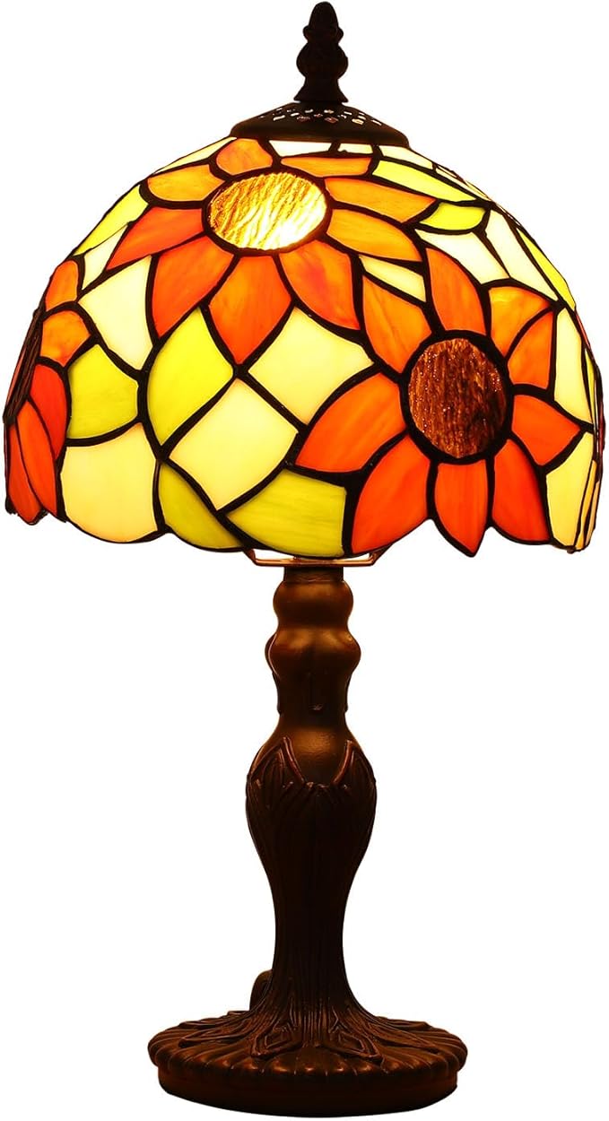 FUMAT Tiffany Small Table Lamp Sunflower 3-Way Color Temperatures Stained Glass Table Lamps for Living Room Bedroom Bedside Nightstand Night Light Home Office Desk Lamp W/LED Bulb 8X8X15Inch