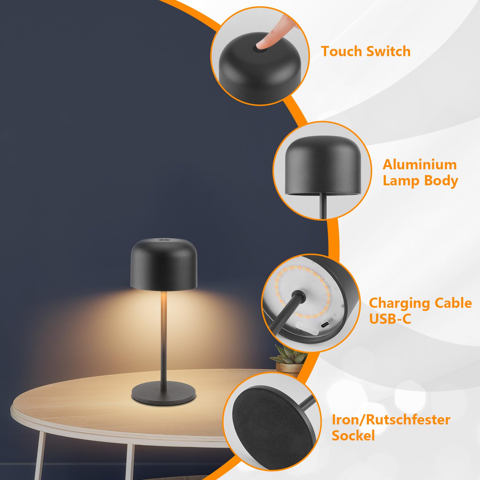 Klighten 2 Stück Dimmbare Led Akku Kleine Tischlampe Kabellos 3000K-6000K Indoor/Outdoor, IP54 Höhe 21cm Wiederaufladbar Tischleuchte Mit Usb-C, Schwarz, Warmweiß/Natürliches Licht/Kühles Licht