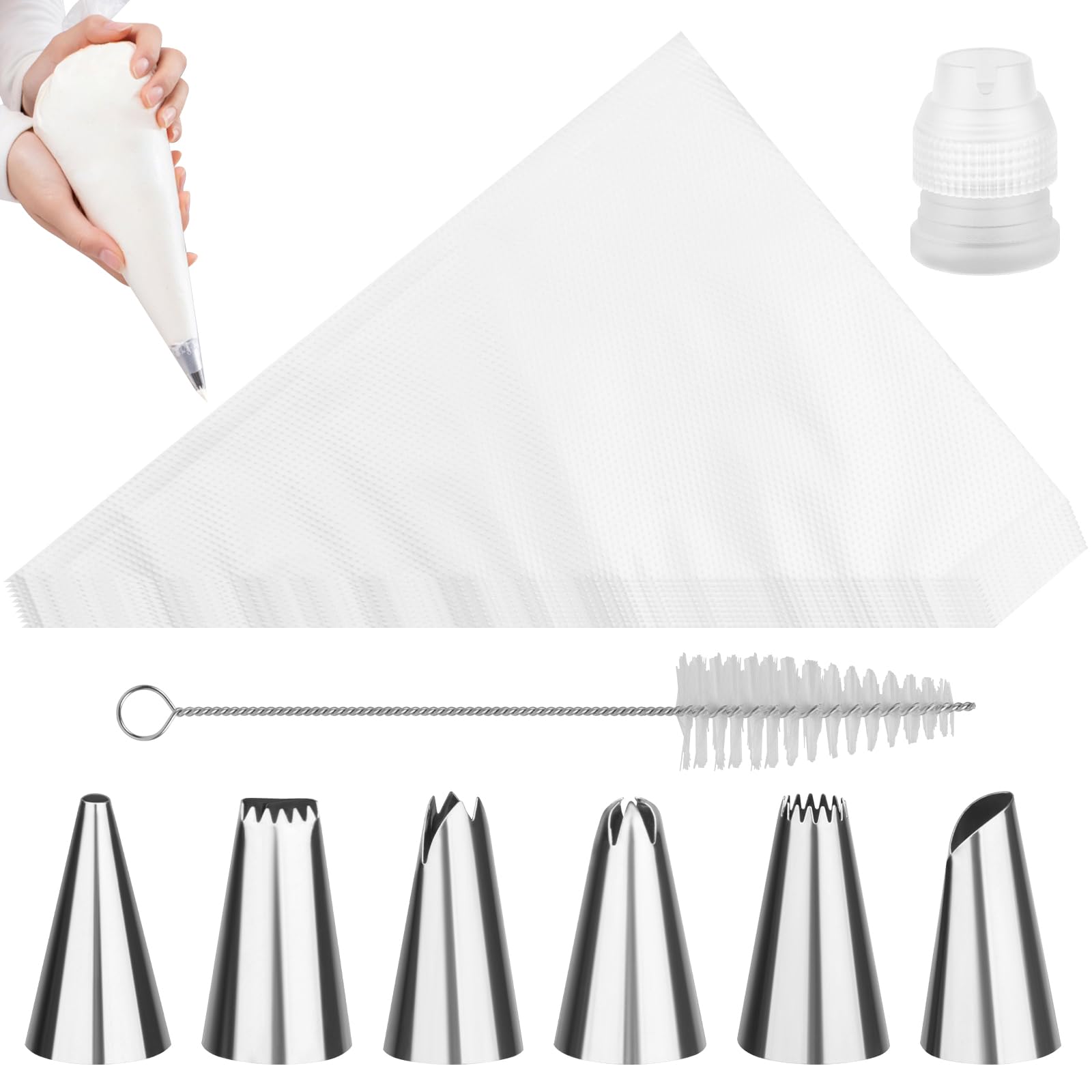 Piping Bags and Tips Set, Icing Bags Disposable for Cakes Decorating Kit Supplies,with100Pcs 12 Inch Pastry Bags, 1 Couplers, 6 Frosting Tips。