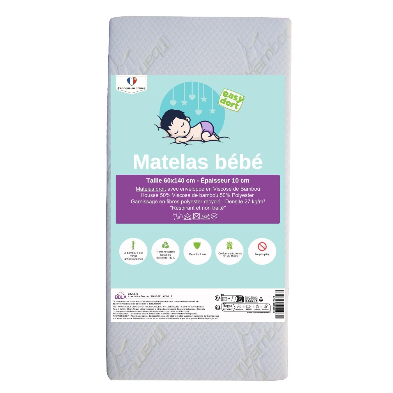 Easy Dort Materac dziecięcy 60x140 cm | Kołyska lub łóżeczko dziecięce | Wyprodukowano we Francji | Antybakteryjny | Lato i Zima | Dwustronny | Bardzo wygodny | Bambusowy Pokrowiec | Oeko tex® | Biały