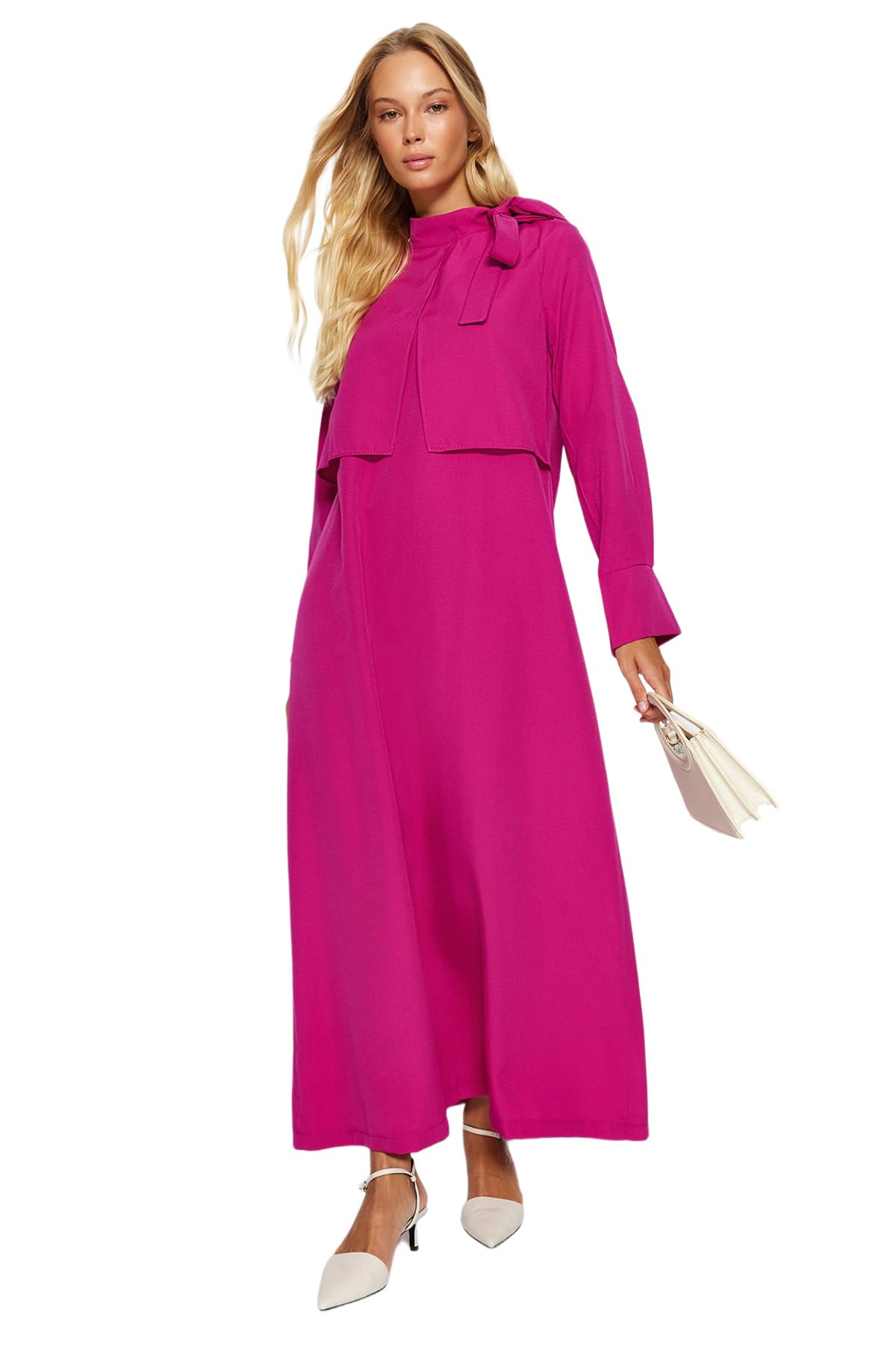 Trendyol Damen Rosa Gerade Maxi Lange Ärmel Lässig/Lässig Regulär Hijab-Kleid