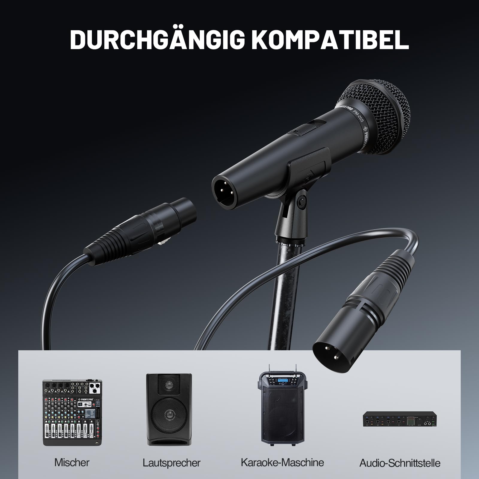 Phenyx Pro Dynamisches Gesangsmikrofon XLR ON/Off PM-25S | Kabelmikrofon, Niere, 5 m XLR-Kabel, Ein/Aus-Schalter, Mikrofonhalter, Tasche, Gesang, Bühne, Studio