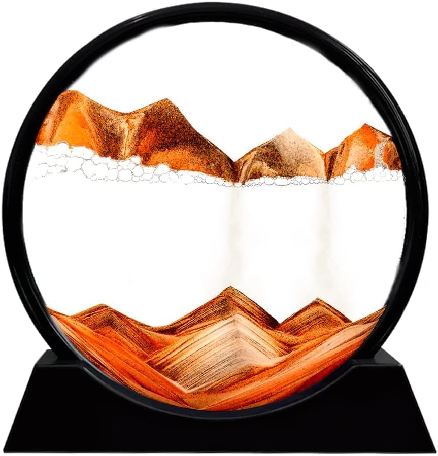 CLEMATIS 3D Dynamic Sand Art Liquid Motion, Moving Sand Art Picture Round Glass, 3D Deep Sea Sandscape in Motion Display, Flowing Sand Frame for Desktop, Home, Office, Work Decor (Orange)