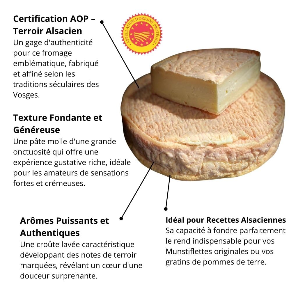 Munster fermier AOP Nature – Fromage d’Alsace au Lait cru de Vache – Pièce Entière (+/- 800g) – Texture Fondante & Arômes Typés – Affinage Traditionnel sur planche