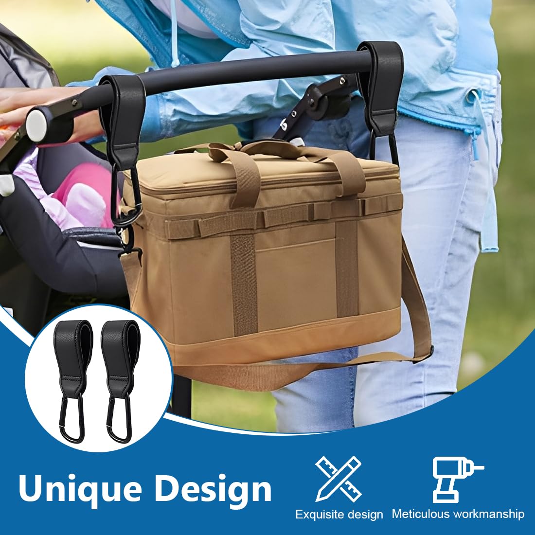 4 Pezzi ganci passeggino, Moschettoni per Carrozzina Universali in Pelle, Accessori Passeggino per Porta Borse Della Spesa, Cambio Bambino, Zaini, neonato accessori utili