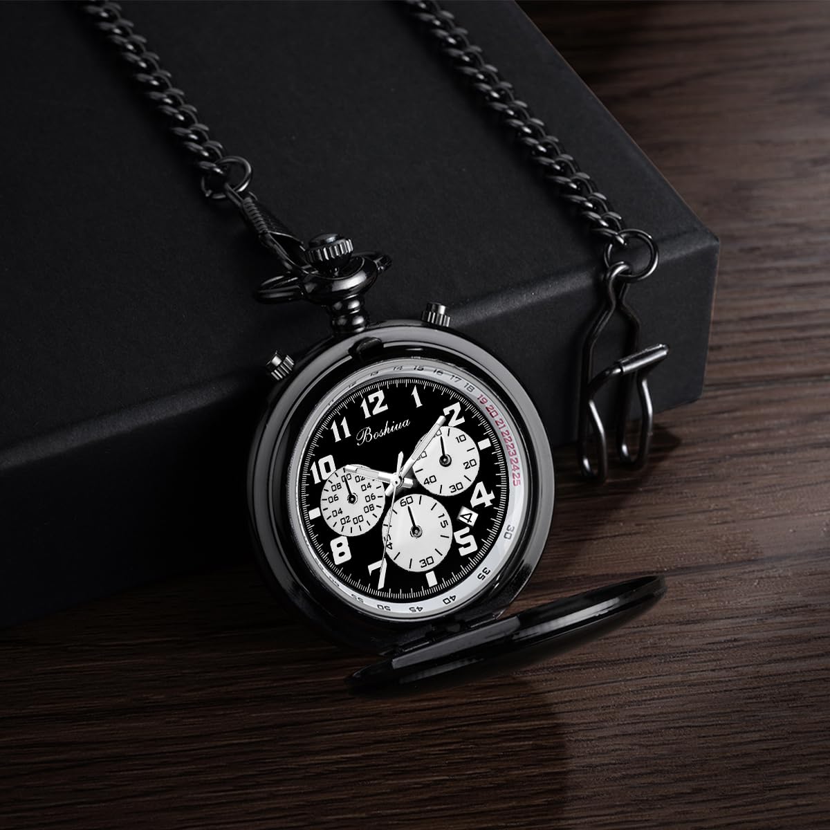 BOSHIYA Orologio da tasca multifunzione con cronometro, calendario, argento, oro, nero, con cinturino