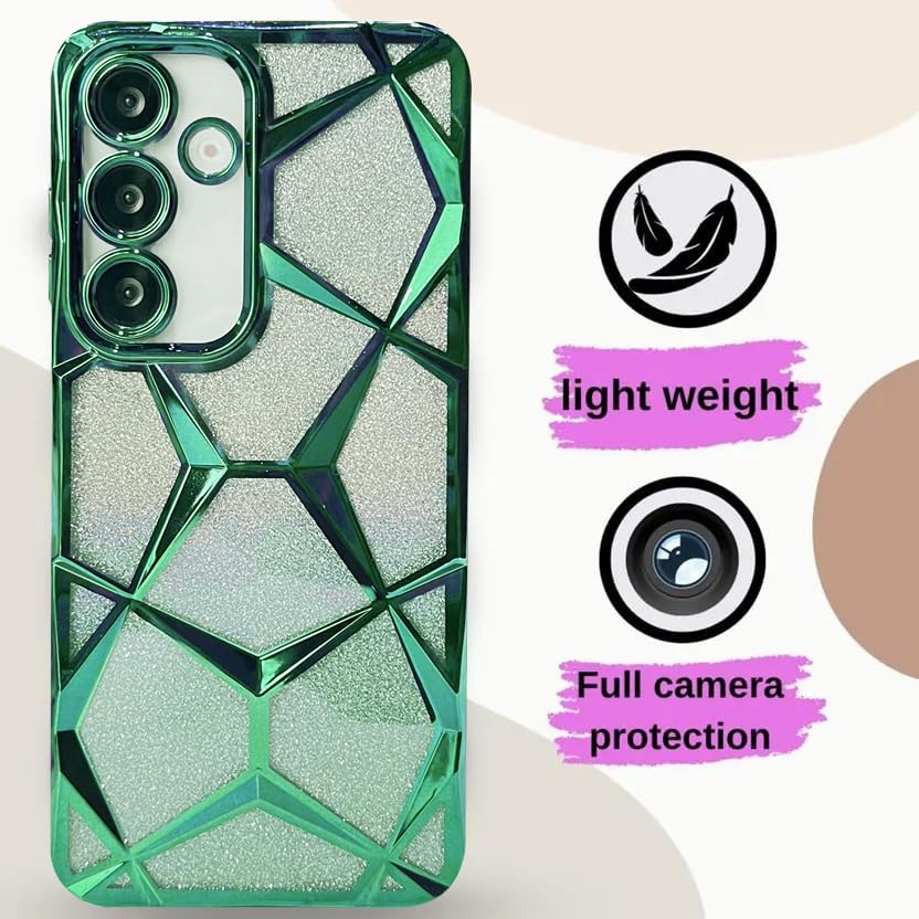 Image of VONZEE Gradient Glitter Case for Samsung S25 FE, Luxury Electroplated 3D Cube, Diamond Bling Shiny Soft TPU Clear Shockproof Women Girls Protective Phone Cover (Green)