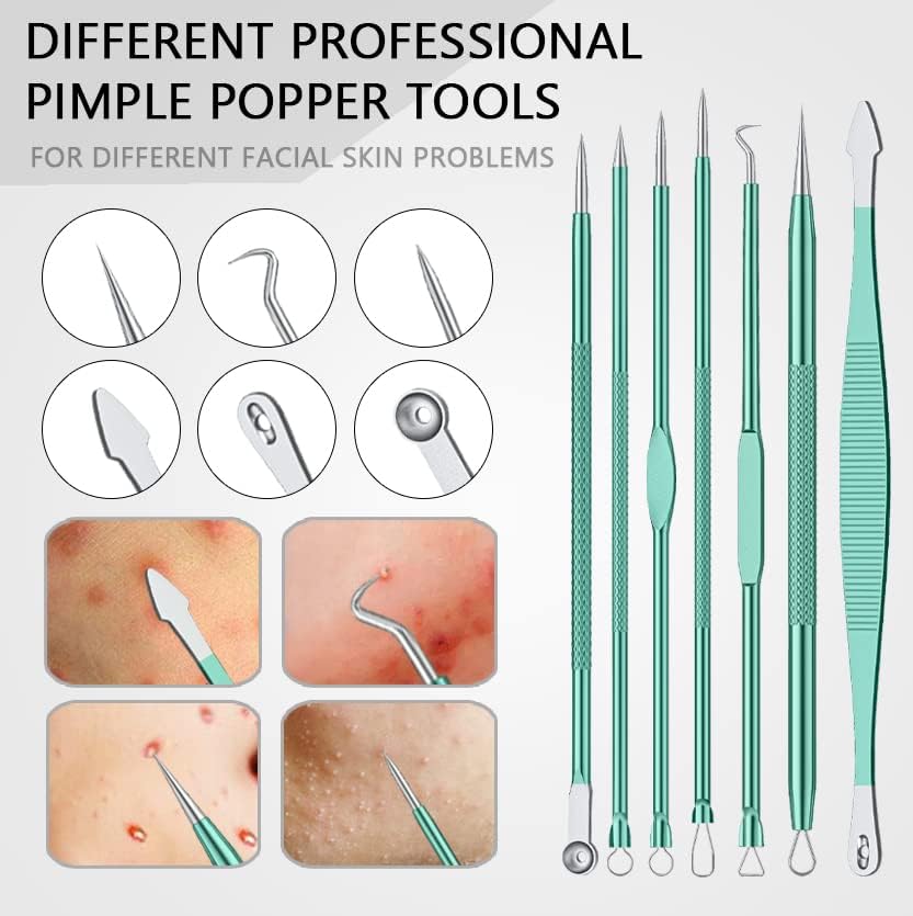 Xesscare Latest Pimple Popper Tool Kit, 16 Pcs Blackhead Remover Tool, Comedone Extractor Acne Removal Kit, Professional Whitehead Tweezers with Metal Case for Facial, Nose and Forehead (Green)