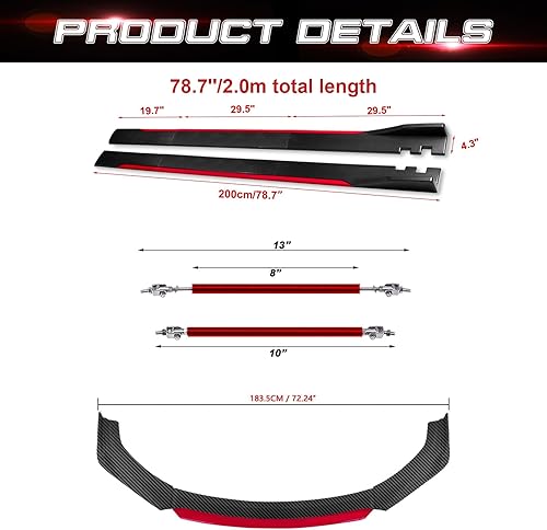 Miniatura 11 de x xotic tech Alerón de barbilla para parachoques delantero + difusor de aletas de falda lateral de 2M + barra de soporte ajustable de 10 a 13 Fibra