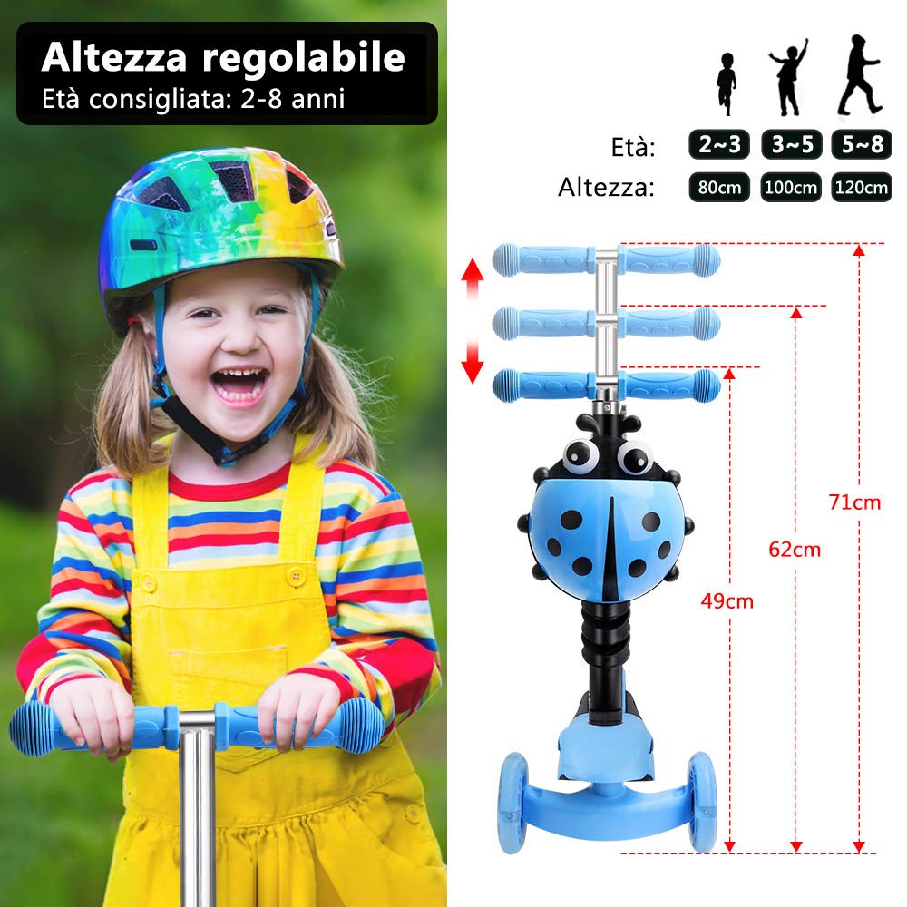 YOLEO Monopattino per Bambini 5-in-1, Monopattino 3 Ruote Lampeggianti in LED, Kids Scooter, Con Sedile Estraibile/Monopattino Bambini 2 a 8 Anni, Carico Massimo 50 Kg