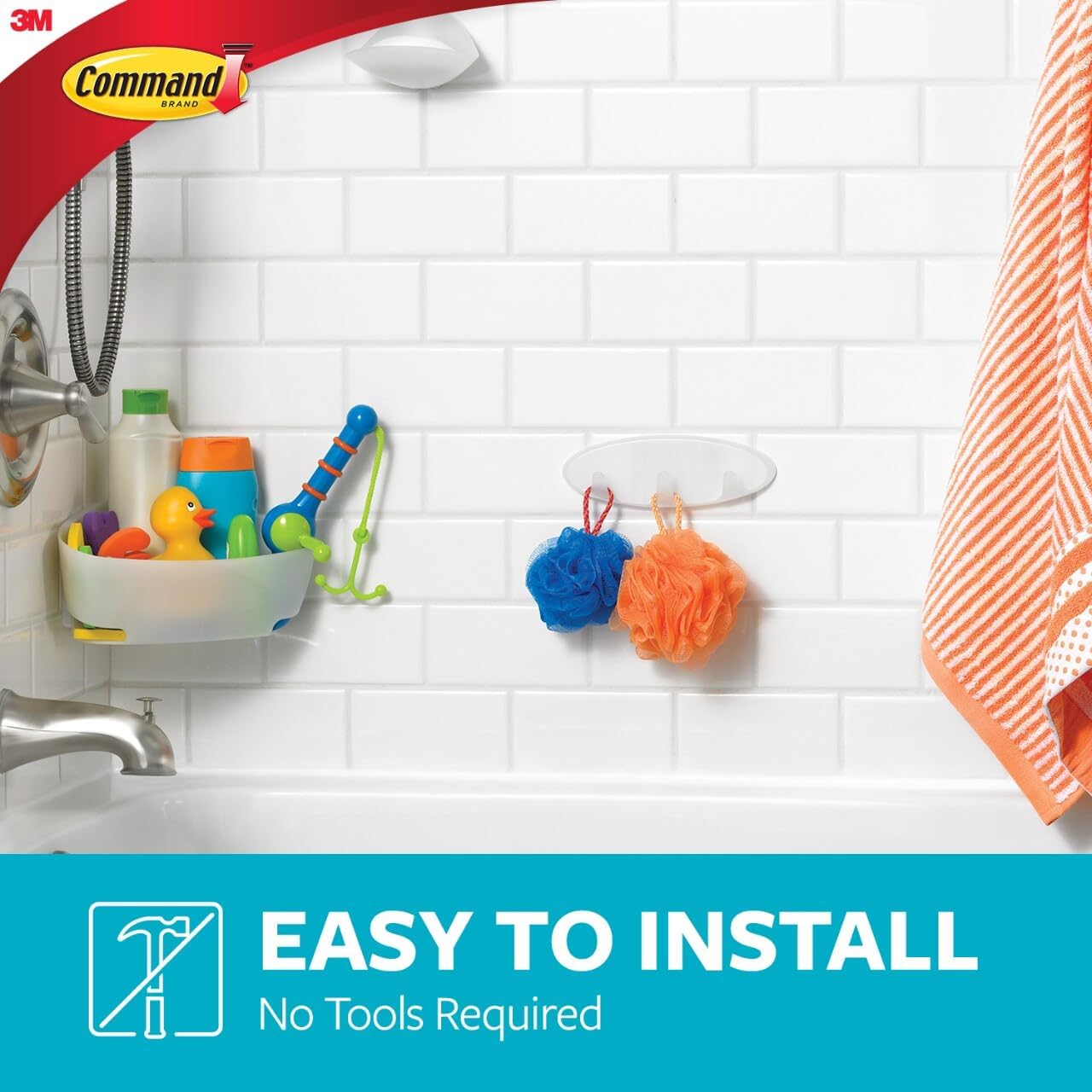 Command Bath Multi-Hook, Holds up to 5 lb, 1 Shower Hook with 2 Water-Resistant Strip, Damage-Free Bathroom Organization for Robes, Towels, Loofahs, or Bathroom Accessories