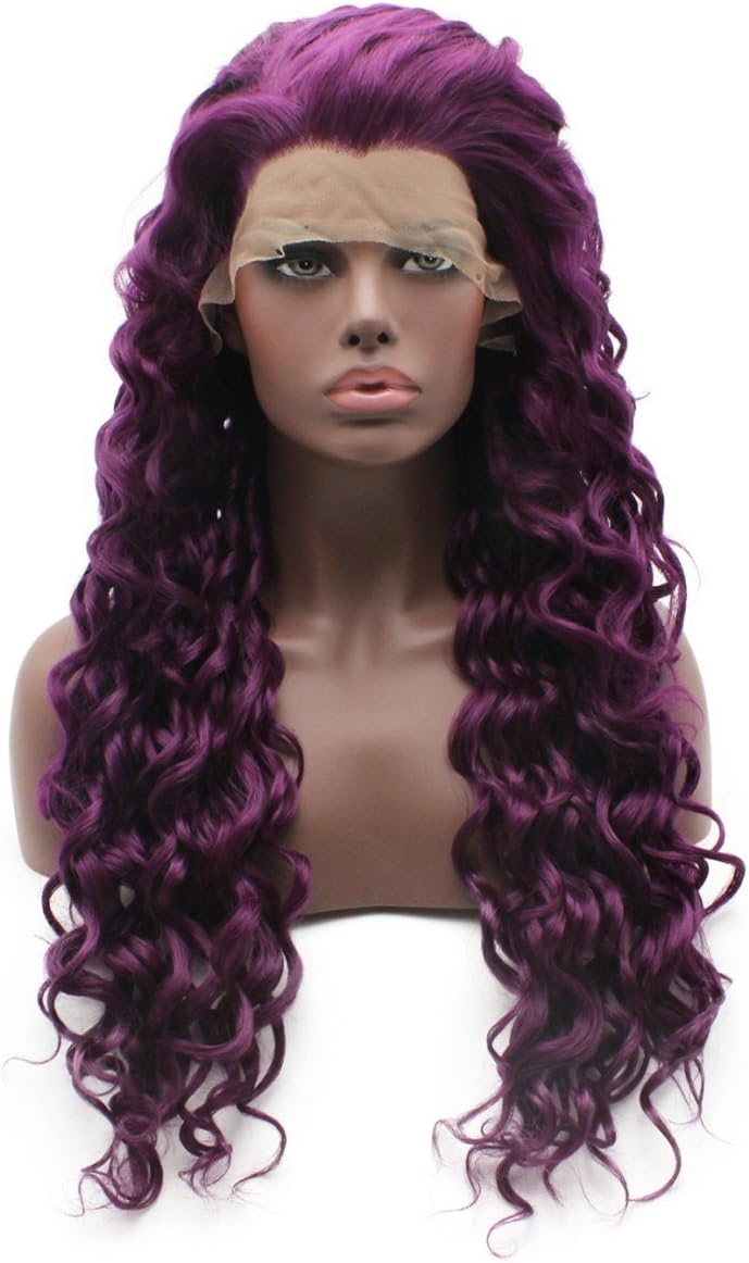 Iwonawig Long Curly Synthetic Lace Front Purple Wig Heat Friendly Half Hand Tied Wig