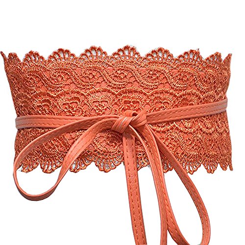 Women's Lace Waist Belt Bow Tie Wrap Around Soft Leather Boho Corset Fashion Elegant for Dresses, Orange, L