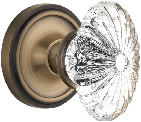 Nostalgic Warehouse Classic Rosette with Oval Fluted Crystal Glass Knob, Mortise - 2.25", Antique Brass