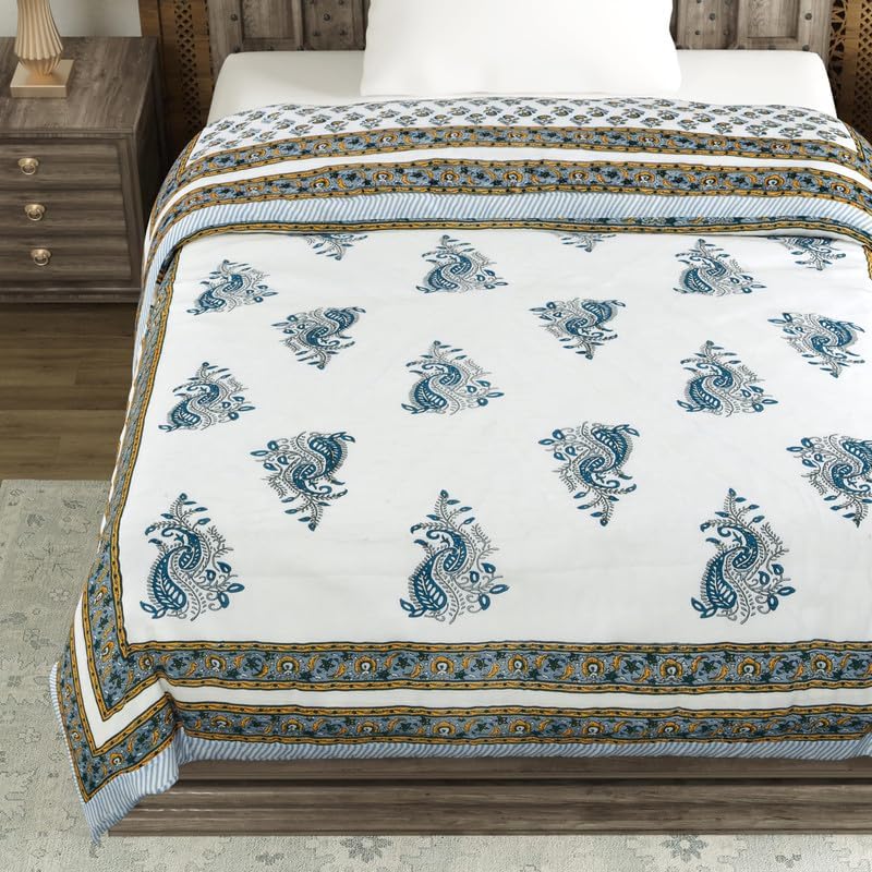 Image of BLOCKS OF INDIA Cotton Single Size Quilt Hand Block Print for Light Winters (60x90 Inches) (Grey Yellow BUTI)-300 TC