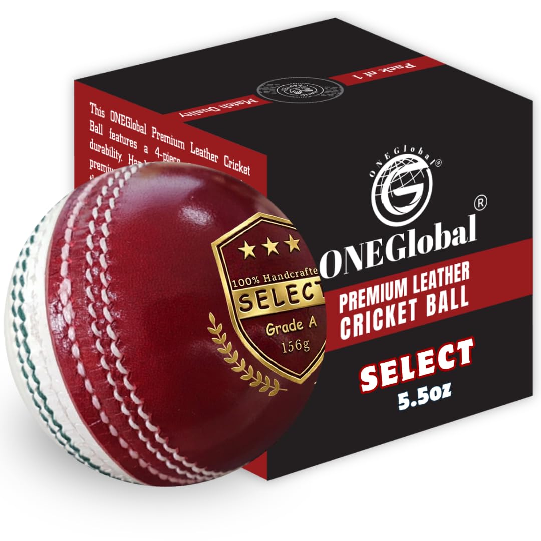 ONEGlobal Select Leather Cricket Ball for Match, Practice & Training | Senior 5.5oz & Junior 4.75oz Genuine Leather Hard Cricket Balls in Red, White, Pink or Red&White (1-RED&WHITE, Senior)