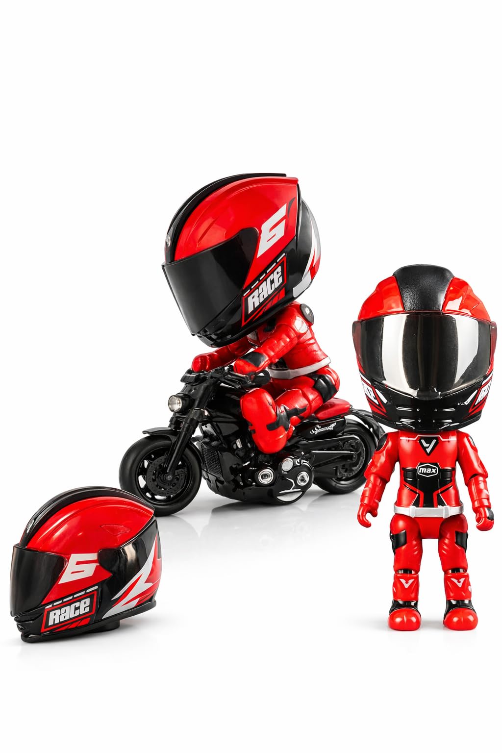 2-in-1 Transforming Helmet Toy | Die-Cast Metal Racer Mini Figure | Motorcycle Action Collectible (Red) (Helmet)-image-31