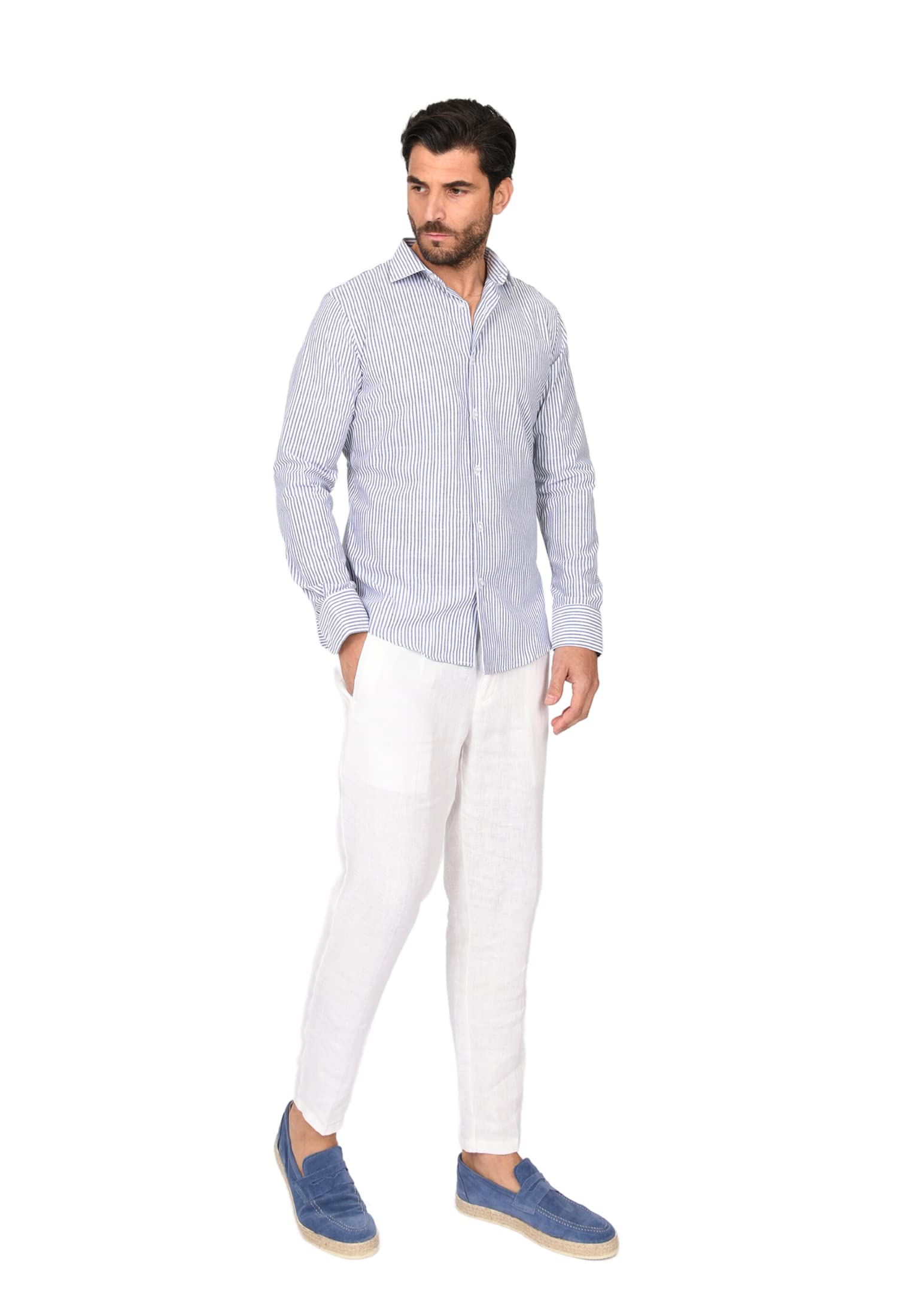 Ciabalù Camisa de lino para hombre, fabricada en Italia, corte entallado, de puro lino y algodón, a rayas, manga larga, cuello francés