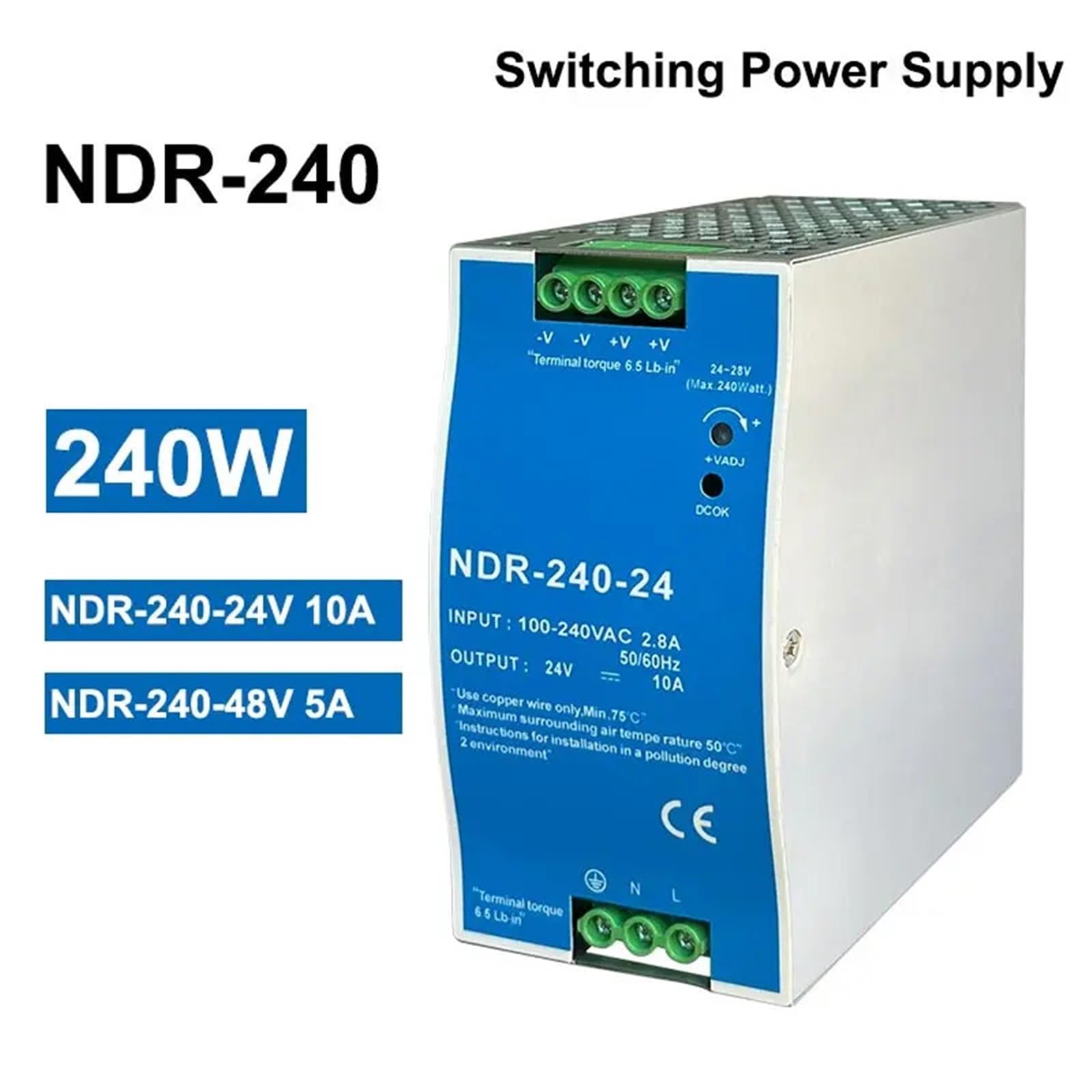 NDR 240 W 24 V 48 V Industrie-Einzelgruppen-Ausgangstransformator 240 VAC Schaltnetzteil 1 Stück(48V)