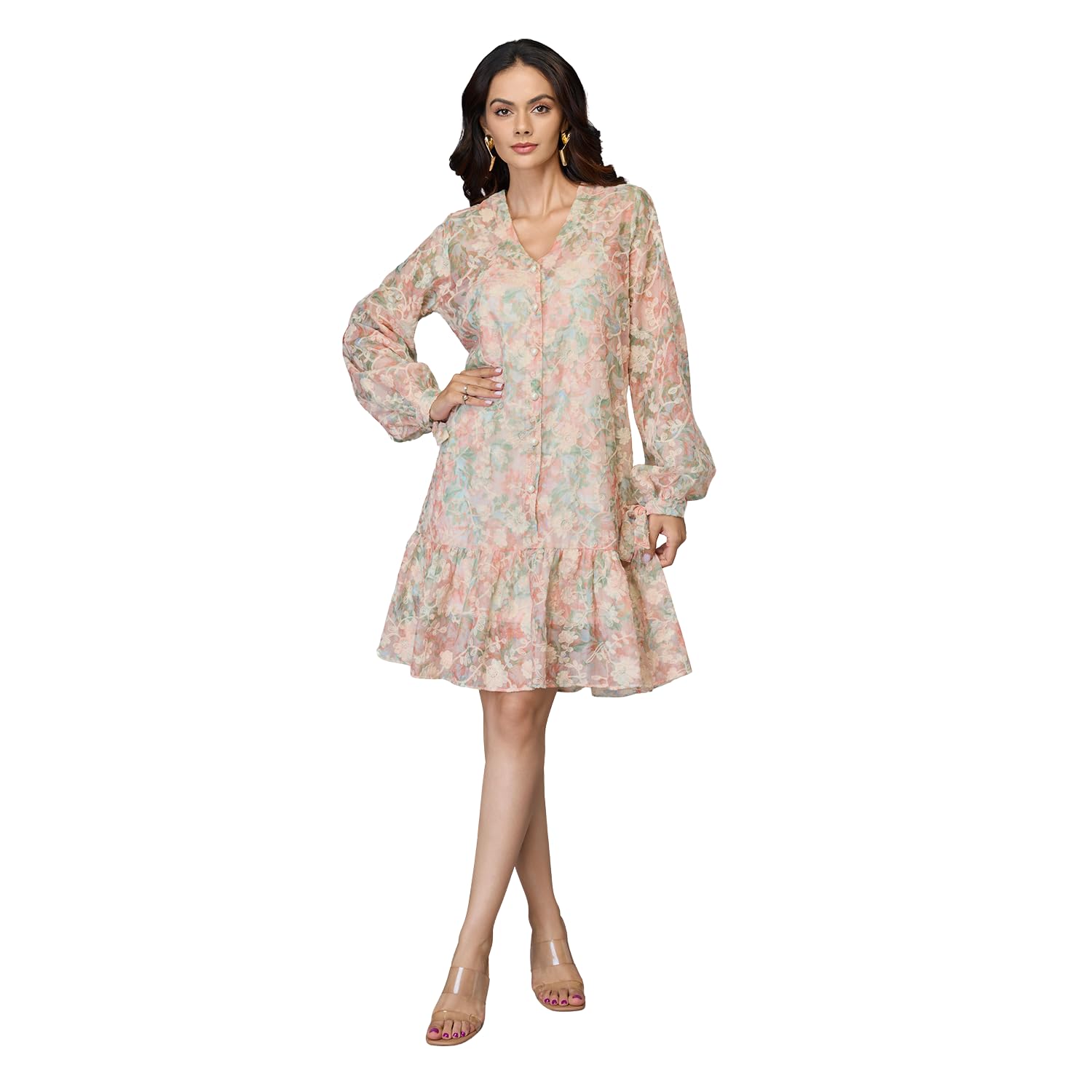 tamiska by narendra kumar Women’s Peach Floral Schiffli Embroidered Dress – Lightweight Polyester V-Neck Midi Dress with Long Sleeves & Frill Hem-picture-13