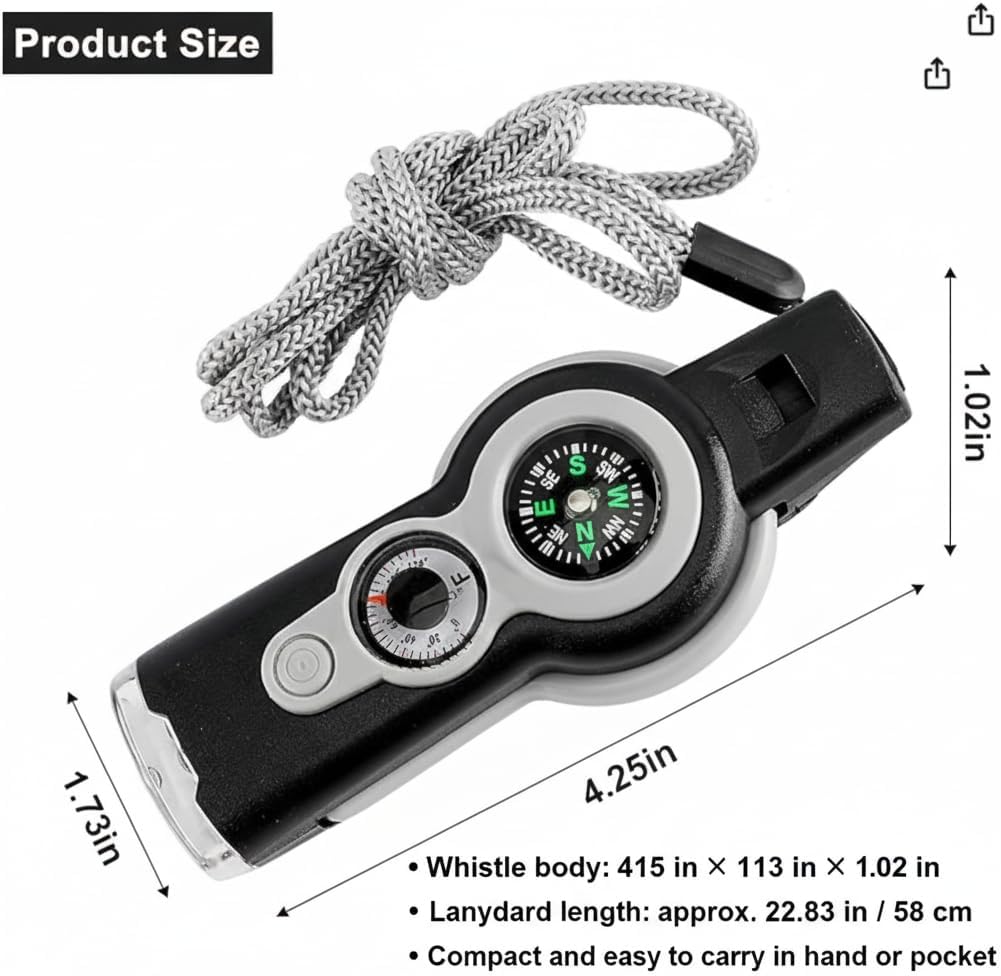 Emergency Whistle 7-in-1, Survival Whistle with Compass, Thermometer, LED Light, Magnifier, Mirror & Storage for Hiking, Camping, Fishing, Kayaking