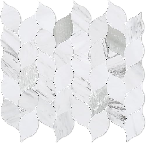Tilingview Azulejo autoadhesivo de 10 hojas para cocina, mosaico autoadhesivo en forma de hoja de PVC mezclado de metal (mármol blanco hoja)