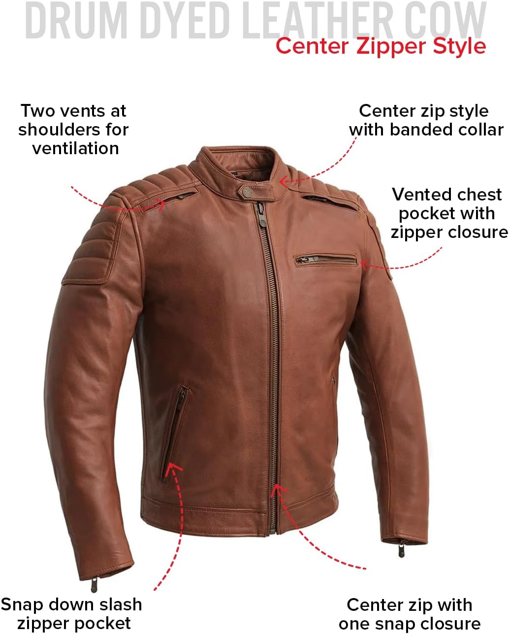 First Mfg Co - Crusader - Men's Motorcycle Biker Riding Brown Beige Leather Jacket Action Back Armor Pockets Vented