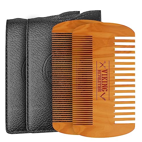 Image of Viking Revolution Wooden Beard Comb & Case, Dual Action Fine & Coarse Teeth, Perfect for use with Balms and Oils, Top Pocket Comb for Beards & Mustaches (2 Pack)