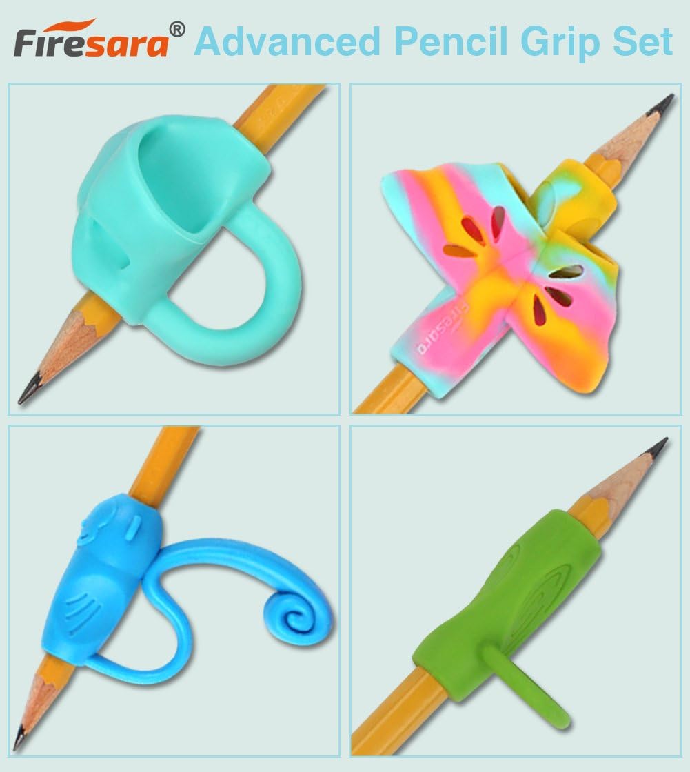Firesara Advanced Pencil Grip Set, Original Ergonomic Handwriting AIDS Pencil Grips Writing Posture Corrector 4 Assorted Pencil Grips for Kids Children Adults Special Needs Rights