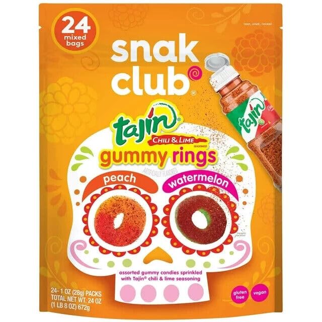 Snak Club Tajin Chili & Lime Seasoned Gummy Rings, Peach
