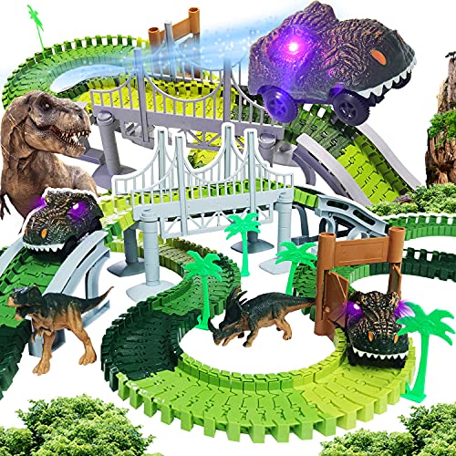 TEEMEE Dinosaur Toys Track Set 192 Pcs, Create a Dinosaur Racing Track, Flexible Track with 2 Magic Track Cars Toys for 3, 4, 5 Year Old Boys & Girls, for Kids Birthday or Christmas