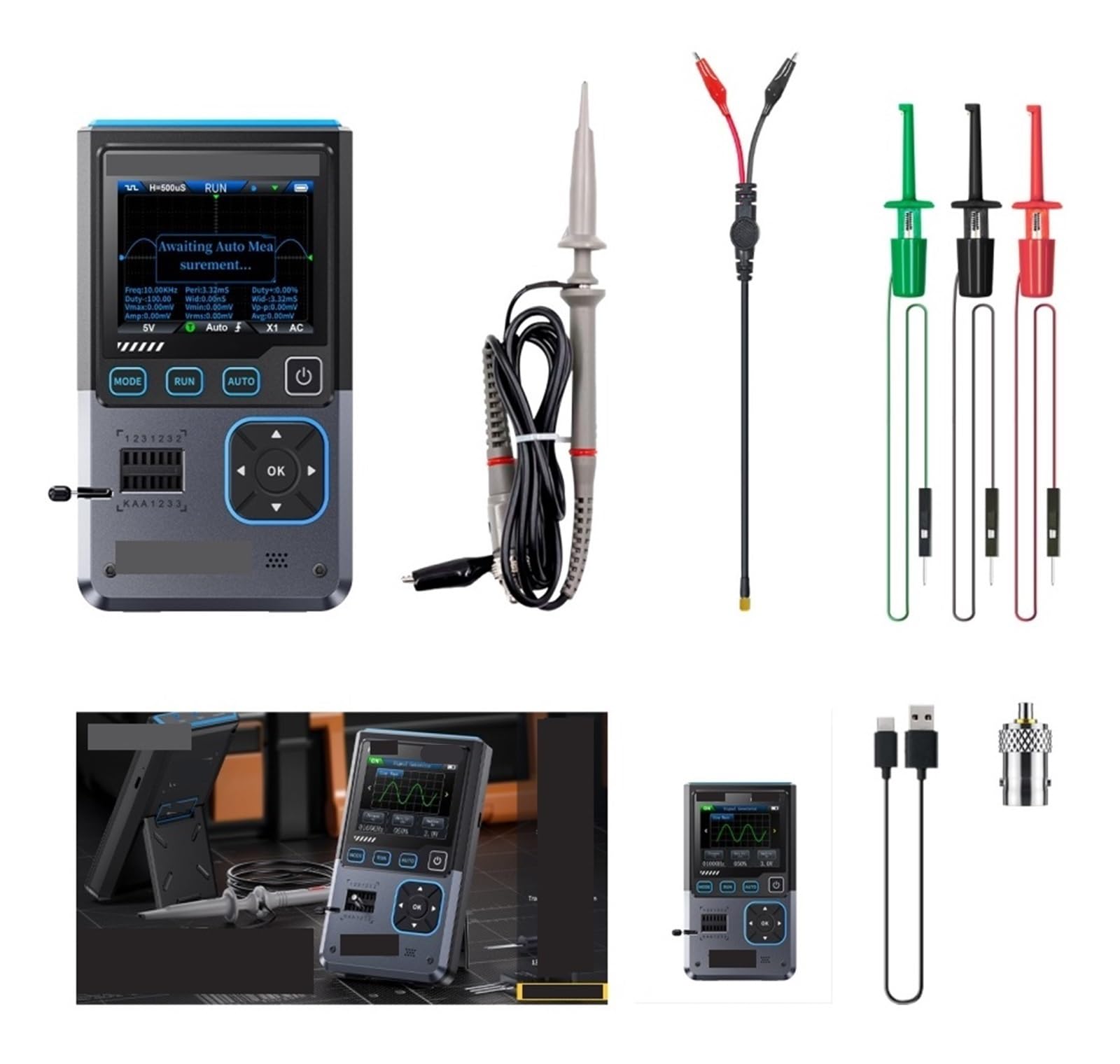 1014D 1013D TC3 Oscilloscopio Generatore di segnale a doppio ingresso 3 in 1 100 MHz * 2 Larghezza di banda analogica Frequenza di campionamento 1GSA/s(FNIRSI DSO-TC4)