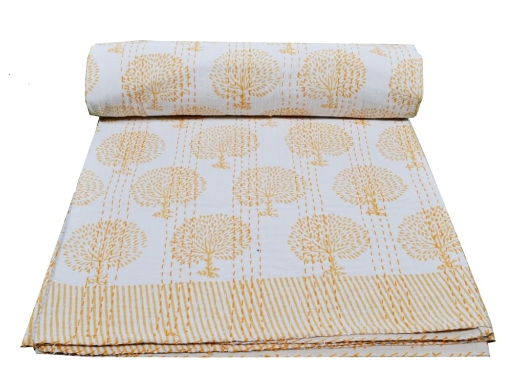 YUVANCRAFTS Couvre-lit Kantha en coton imprimé indien pour grand lit, 228,6 x 274,3 cm, jaune