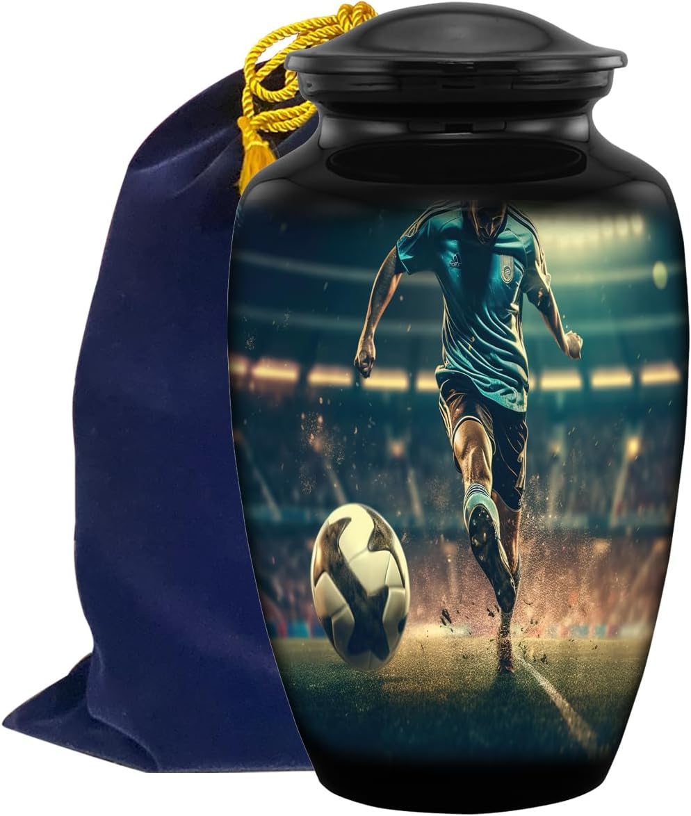 Soccer Urn - Soccer Cremation Urn for Human Ashes - Sports Urn - Sport Cremation Urn - Handcrafted Funeral and Memorial with Velvet Bag (Large)